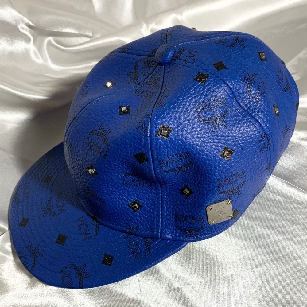 MCM Blue Logo-Print Leather Cap with Stud Accents